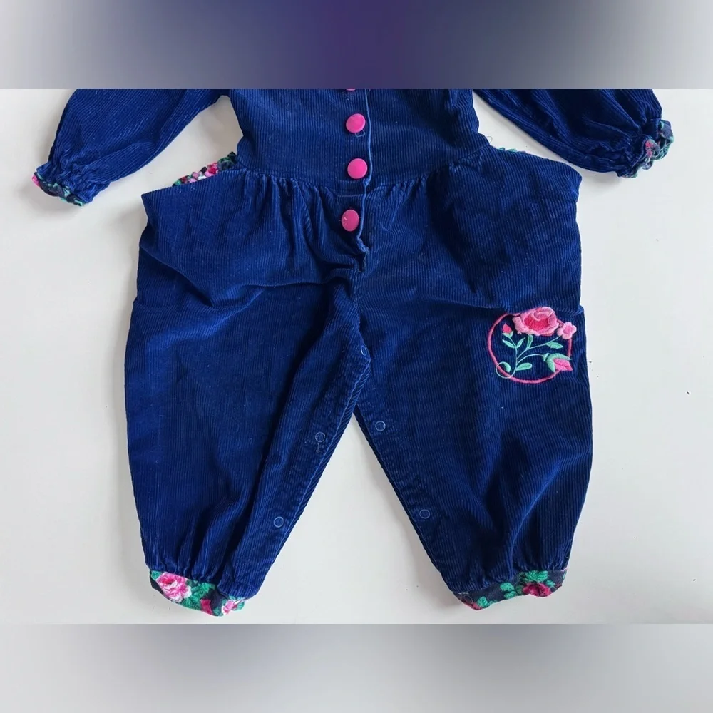 Vintage 80s 90s Blue Corduroy Floral Collar Jumper Romper Outfit Toddler 2T